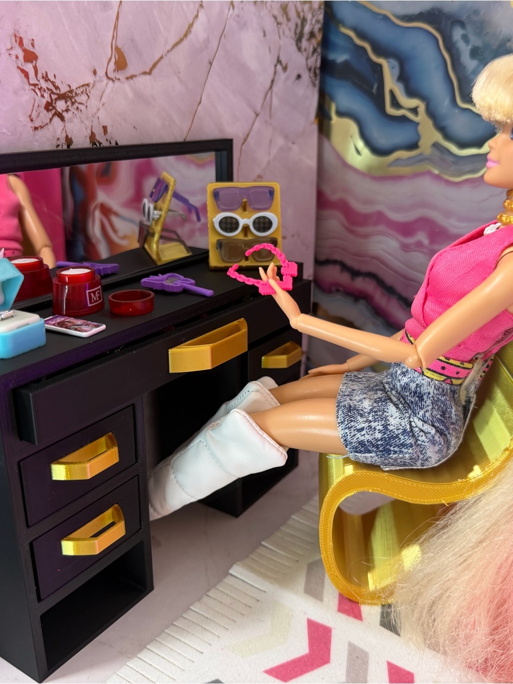 Barbie Black Desk Vanity with Gold Accents and Pink Accessories